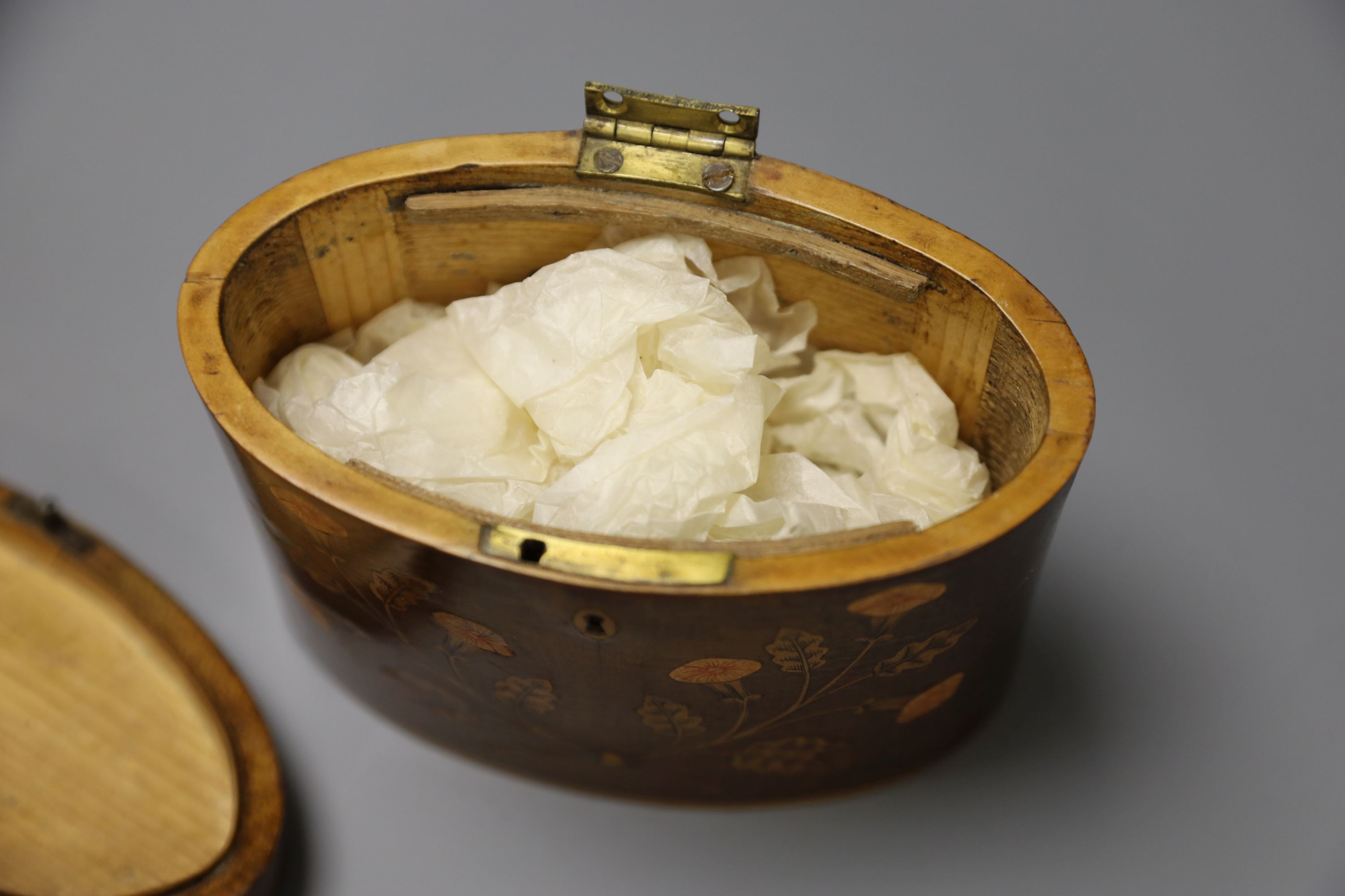 A George III oval marquetry tea caddy and a hexagonal caddy. tallest 11.5cm